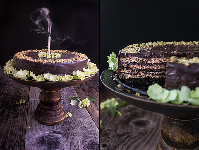 Garash cake - layers of walnut meringue and rich dark chocolate cream, enveloped in silky chocolate ganache - the ultimate chocolate lover's cake, perfect for that special occasion! | www.viktoriastable.com