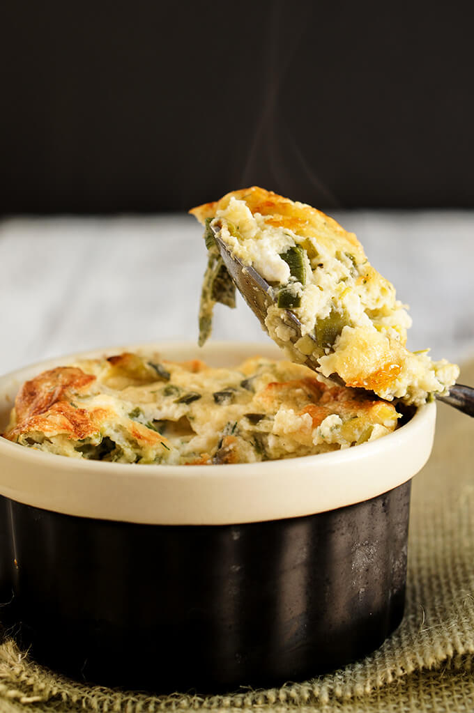 Leeks and feta cheese souffle - light and airy this souffle tastes like cheesy clouds, and caramelized leeks, and it's easier to make than you think. | www.viktoriastable.com