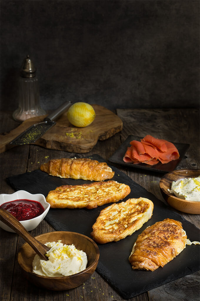 Croissant French toast with lemon Mascarpone filling - treat yourself to this scrumptious breakfast on a lazy weekend morning, and be sure to try both the savory and sweet version! | www.viktoriastable.com