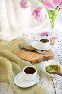 Matcha chocolate rice pudding - jade rice, cooked in creamy coconut milk, infused with greet tea powder, and topped with dark chocolate crust - delicious and elegant dessert. | www.viktoriastable.com