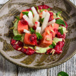 Watermelon jicama mint salad Watermelon jicama mint salad - it's a mouthwatering combination of contrasting flavors and textures - creamy, and crunchy, sweet and tart, but most of all delicious and refreshing! | www.viktoriastable.com