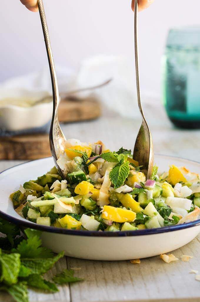 Exotic salsa - crunchy veggies, juicy fruits, and exotic perfume of kaffir limes, guava, fresh mint and cilantro - this salsa is super flavorful and delicious, and a great accompaniment for grilled seafood. | www.viktoriastable.com