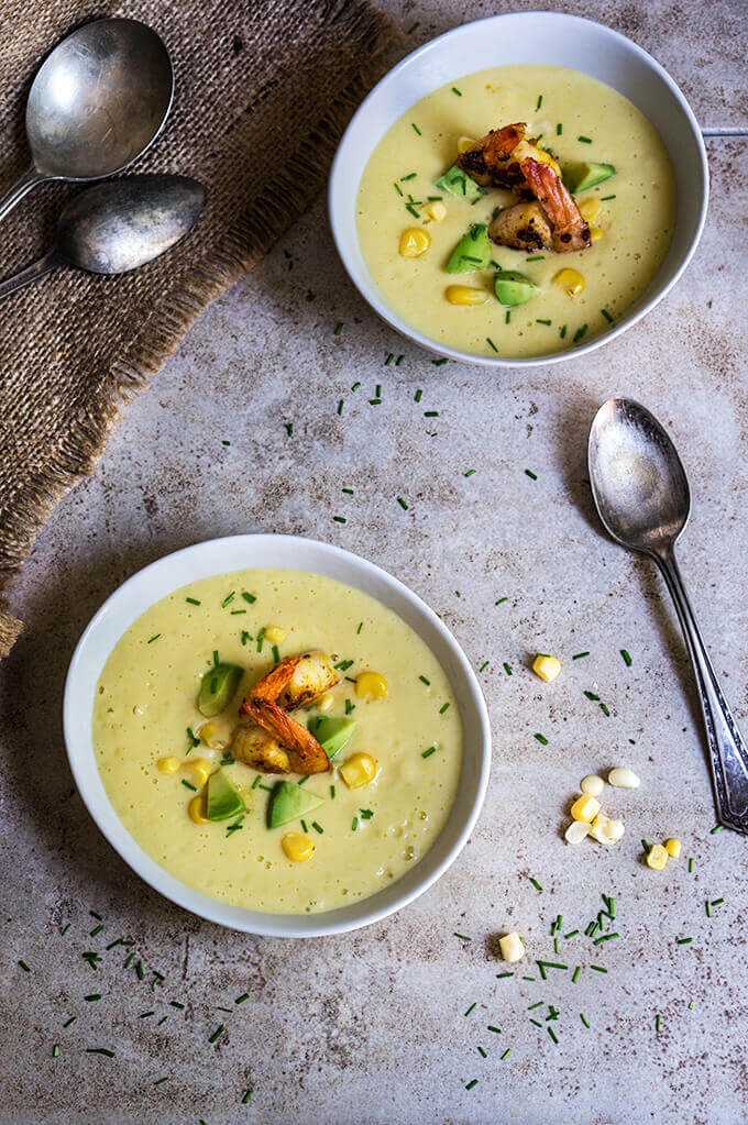 Chilled corn soup with garlic shrimp and avocado | www.viktoriastable.com