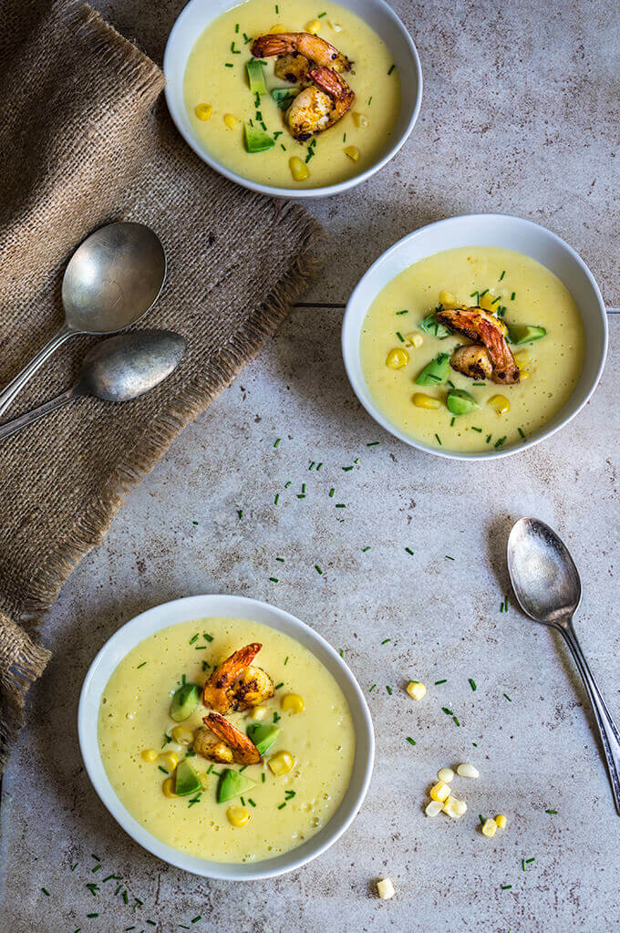 Chilled corn soup with garlic shrimp and avocado | www.viktoriastable.com