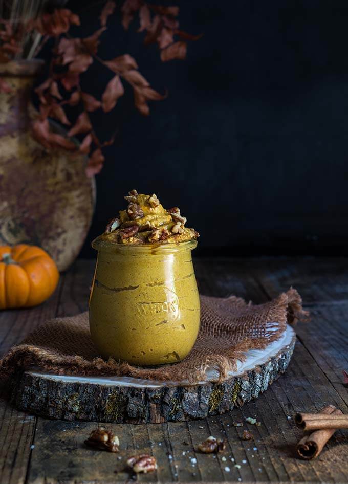 Cinnamon pecan pumpkin butter - a cross between a nut and fruit butter, with creamy texture and rich flavors of pecans and maple syrup, reminiscent of a pumpkin pie filling. | www.viktoriastable.com