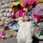 Quechua ladies posing with their llamas - Cusco